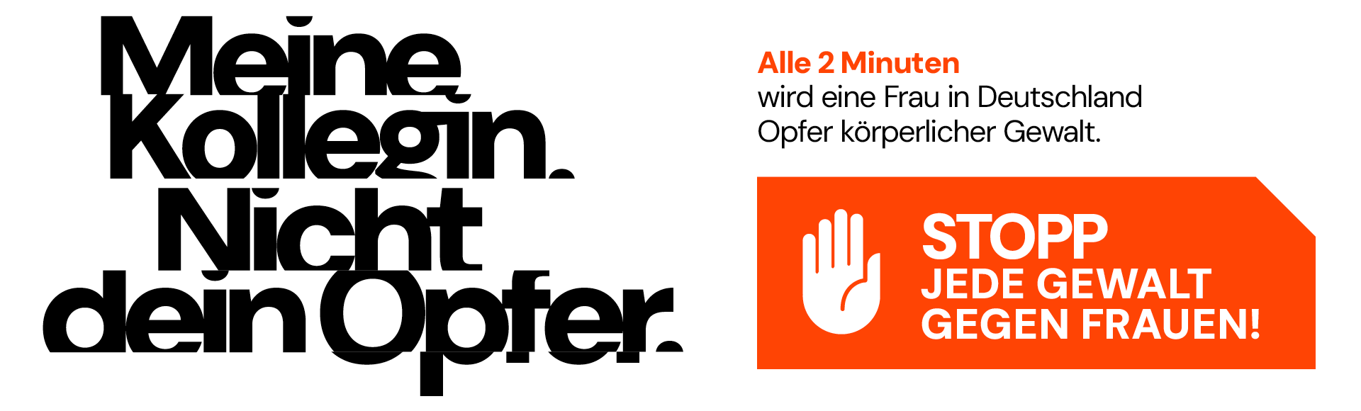 Schwarzer Text links mit Appell gegen Gewalt und orangefarbenem Stopp-Schild rechts
